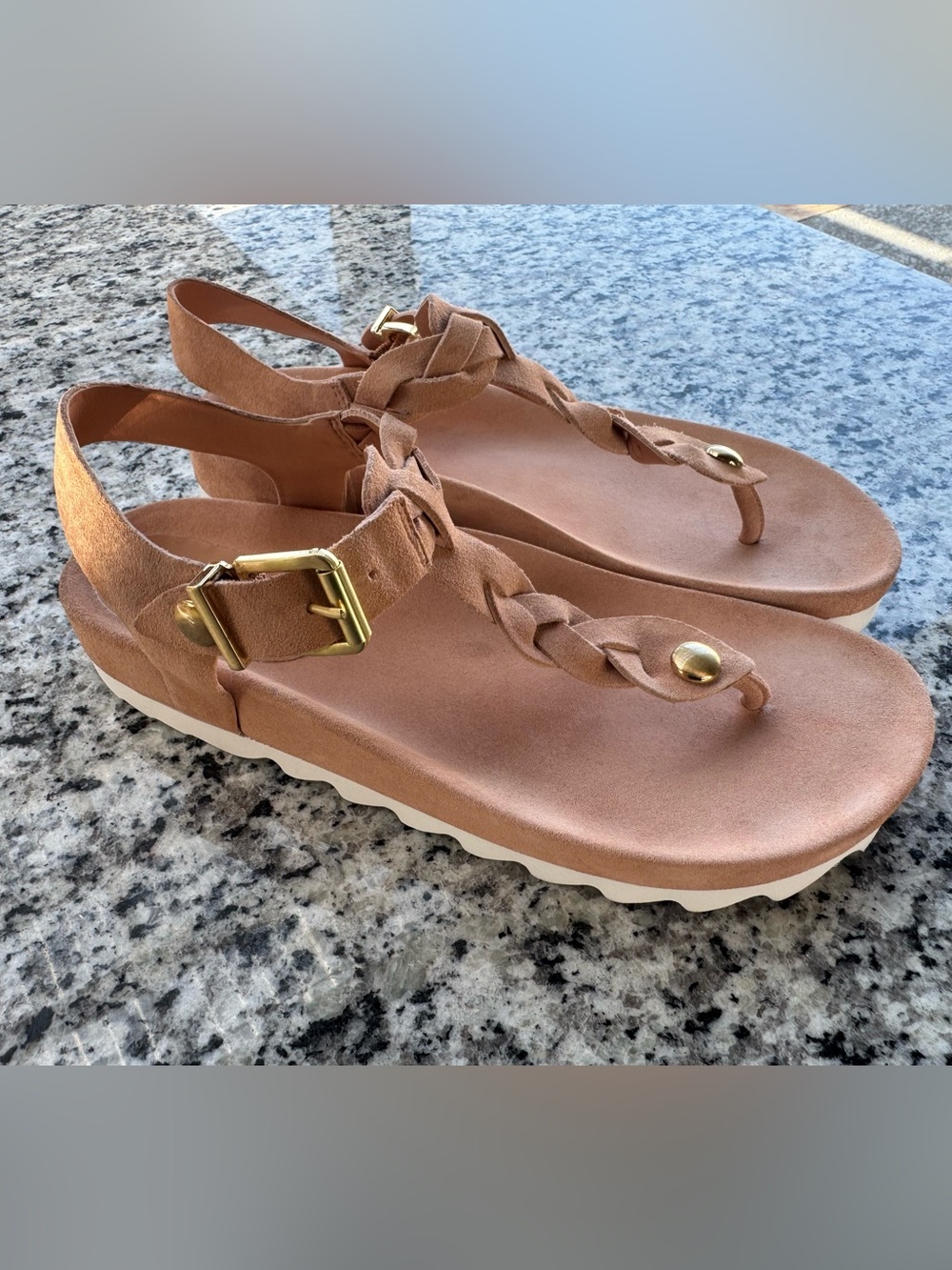 Gianni Bini Braided Thong Sandals in Tan with Gold Accents